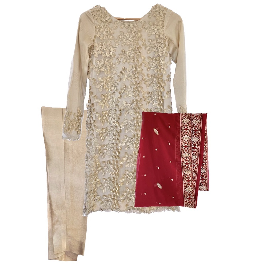 3 Piece Gold/Beige Suit with Pants and Maroon Dupatta